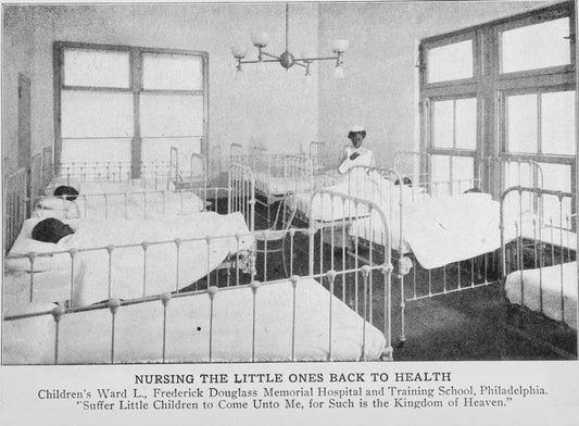 Nursing the little ones back to health; Children's ward L., Frederick Douglass Memorial Hospital and Training School, Philadelphia; "Suffer Little Children to Come  Unto Me,  for Such is the Kingdom of Heaven."