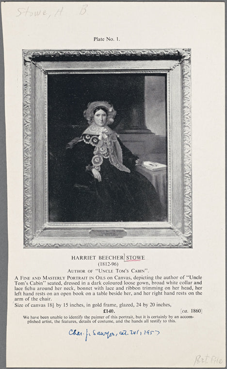 Harriet Beecher Stowe (1812-96). Author of "Uncle Tom's cabin" A fine and masterly portrait in oils on canvas... ca. 1860