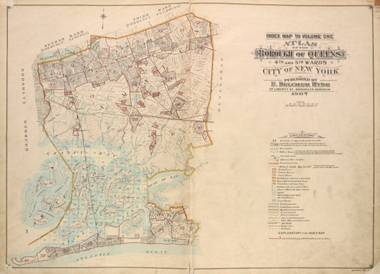 Index map to Volume: One, Atlas of the Borough of Queens. Fourth and Fifth Wards. City of New York. Published by E. Belcher Hyde, 97 Liberty St., Brooklyn Borough. 1907.
