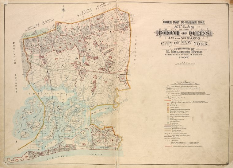 Index map to Volume: One, Atlas of the Borough of Queens. Fourth and Fifth Wards. City of New York. Published by E. Belcher Hyde, 97 Liberty St., Brooklyn Borough. 1907.