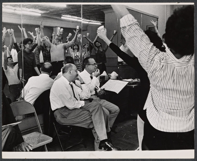Abe Burrows, Jack Weinstock [right] and ensemble in rehearsal for the stage production How to Succeed in Business Without Really Trying