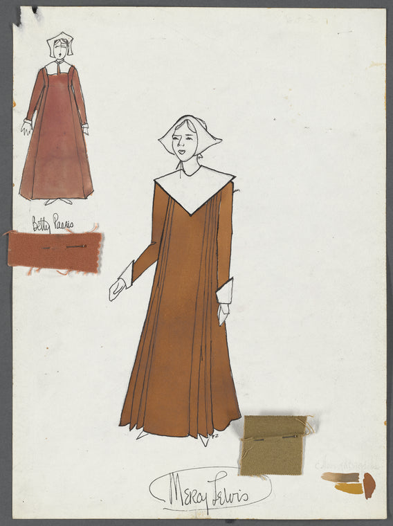 Costume design with swatch [Mercy Lewis and Betty Paris] for the stage production The Crucible