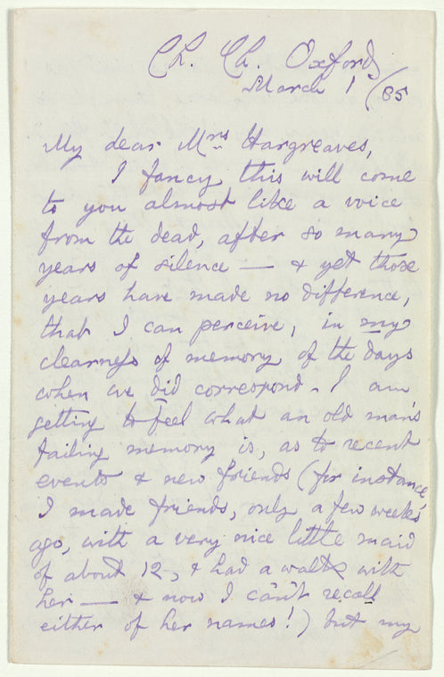 Hargreaves, [Alice Liddell]. ALS to