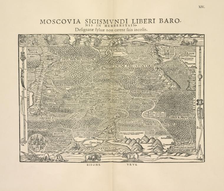 Karta Rossii Gerbershteina, pokrytaia lesami, iz latinskago izdaniia Zapisok o Moskovii, Basileae, 1556. Tekst str.8