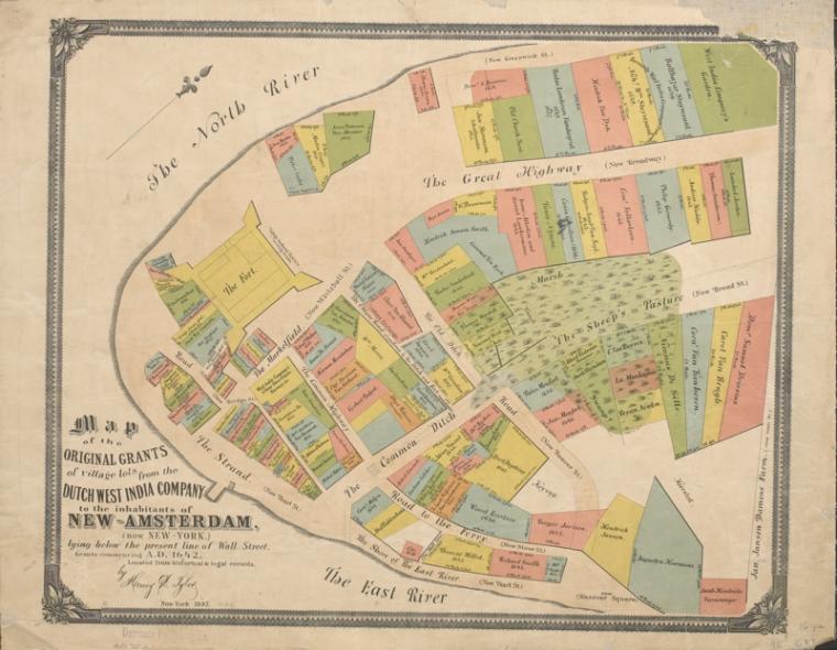 Map of the original grants of village lots from the Dutch West India Company to the inhabitants of New-Amsterdam (now New-York) lying below the present line of Wall Street : Grants commencing A.D. 1642