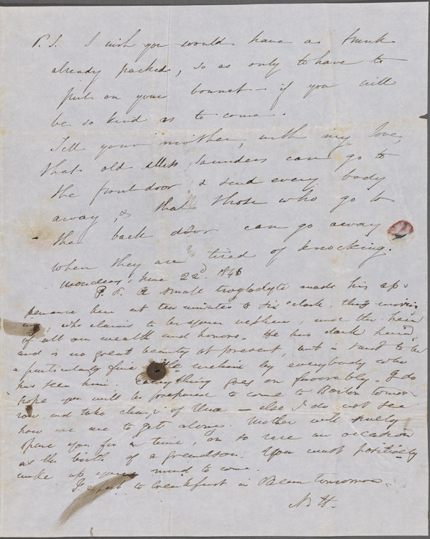 Hawthorne, Maria Louisa, ALS to, with postscript by Nathaniel Hawthorne. Jun. 21, 1846.
