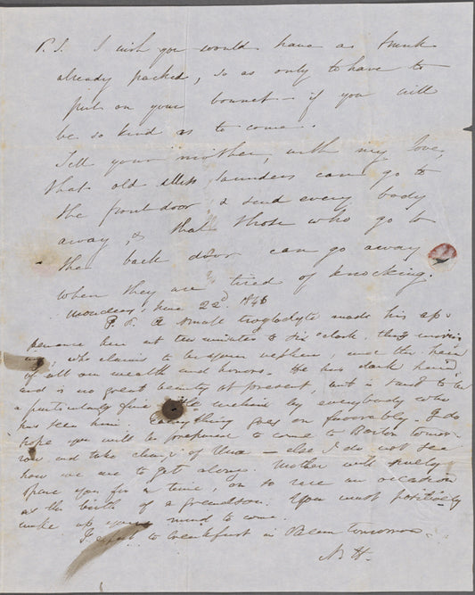 Hawthorne, Maria Louisa, ALS to, with postscript by Nathaniel Hawthorne. Jun. 21, 1846.