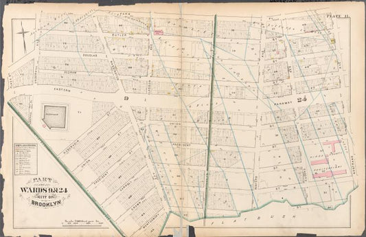 Plate 11: Bounded by Park Place, Nostrand Avenue, Crown Street, Washington Avenue, Montgomery, Flatbush Avenue, Plaza Street, Douglas Street and Underhill Avenue.