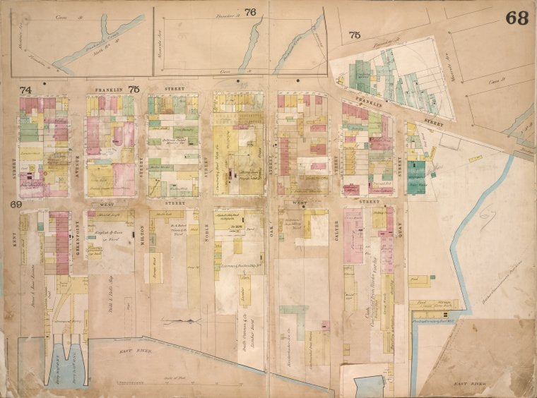 Brooklyn, Vol. 4, Double Page Plate No. 68; [Map bounded by Meserole Ave., Gem St., Franklin St., North 15th St., East River, Kent St., Green Point Ave.; Including Milton St., West St., Noble St., Oak St., Calyer St., Quay St.]