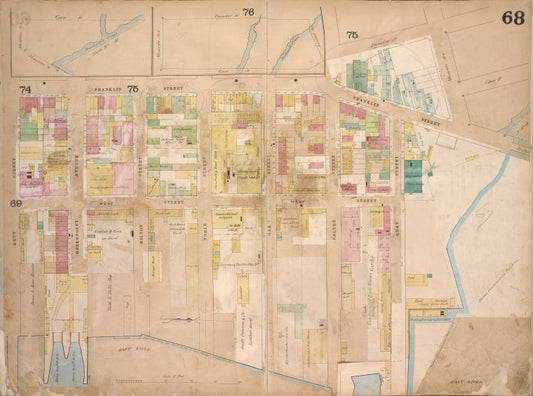 Brooklyn, Vol. 4, Double Page Plate No. 68; [Map bounded by Meserole Ave., Gem St., Franklin St., North 15th St., East River, Kent St., Green Point Ave.; Including Milton St., West St., Noble St., Oak St., Calyer St., Quay St.]