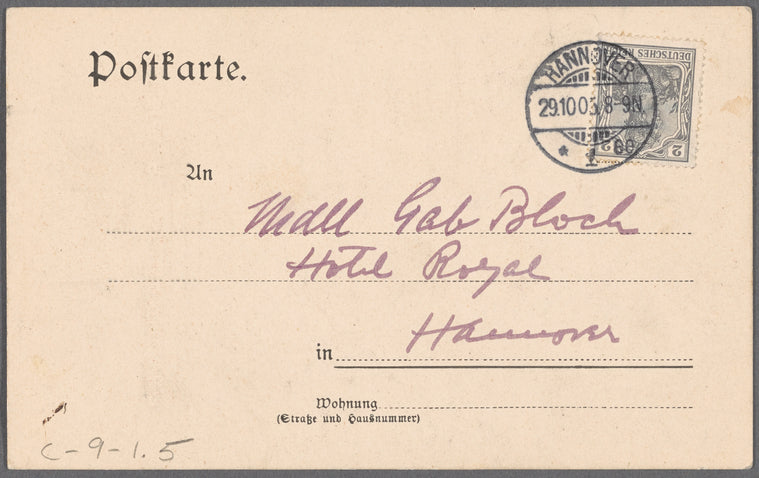 Postcard of the Hotel Royal in Hannover from Loie Fuller to Mdll Gab Bloch