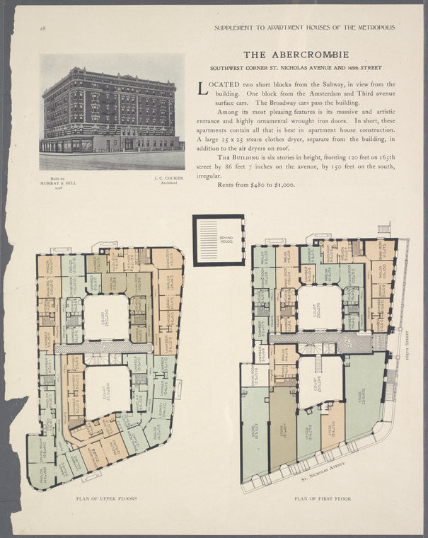 The Abercrombie, southwest corner St. Nicholas Avenue and 165th Street; Plan of upper floors; Plan of first floor.