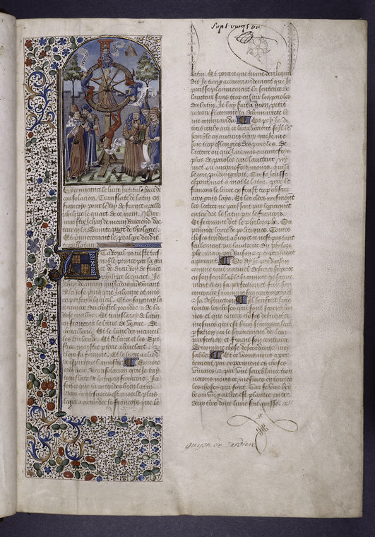 Opening of prologue to Boethius, with miniature of the Wheel of Fortune.  Hand A