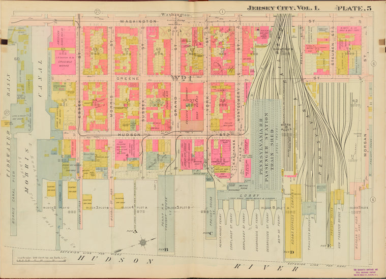 Hudson County, V. 1, Double Page Plate No. 5 [Map bounded by Washington St., Morgan St., Hudson River, Tidewater Basin]