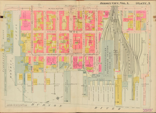 Hudson County, V. 1, Double Page Plate No. 5 [Map bounded by Washington St., Morgan St., Hudson River, Tidewater Basin]