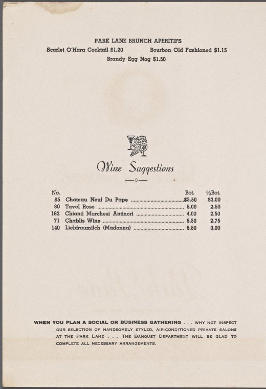 Sunday Mother's Day brunch menu, Park Lane