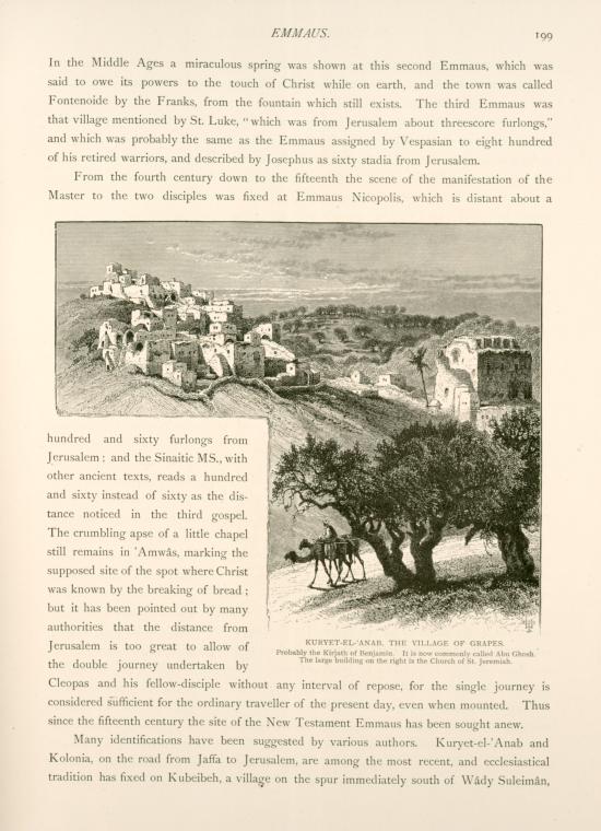 Kuryet-el-'Anab, the village of grapes, probably the Kirjath of Benjamin. It is now commonly called Abu Ghosh. The large building on the right is the Church of St. Jeremiah.