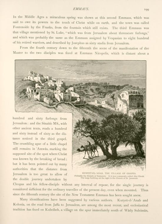 Kuryet-el-'Anab, the village of grapes, probably the Kirjath of Benjamin. It is now commonly called Abu Ghosh. The large building on the right is the Church of St. Jeremiah.