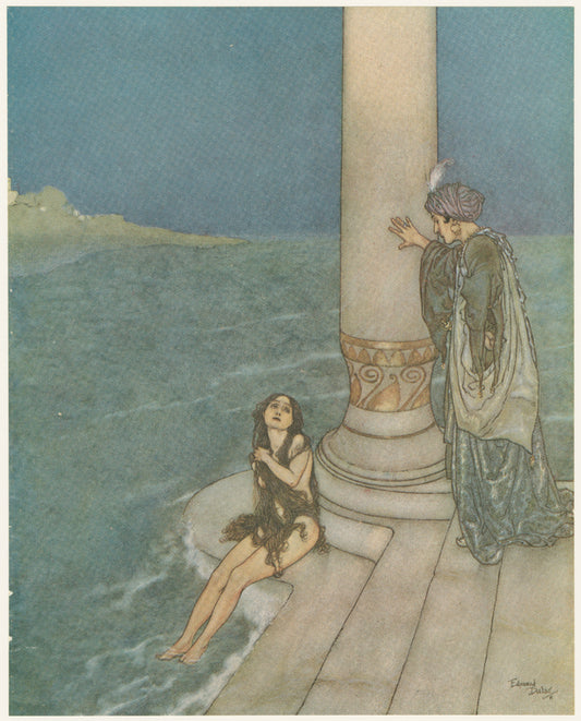 The prince asked who she was and how she came there; she looked at him tenderly and with a sad expression in her dark blue eyes, but could not speak.