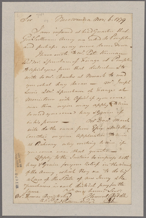 Biddle, Clement. New Windsor. To Thomas Armstrong