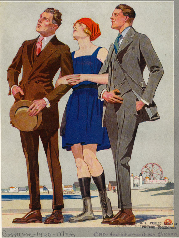 Men in suits and woman in bathing suit, United States, 1920s