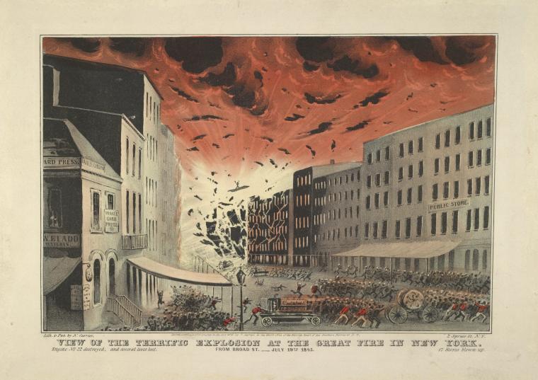 View of the terrific explosion at the Great Fire in New York. From Broad St. July 19th, 1845.