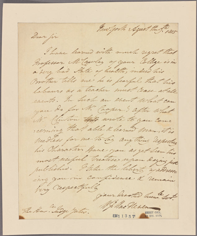 Letter to the Hon. Judge [Joseph Christopher] Yates [Schenectady?]