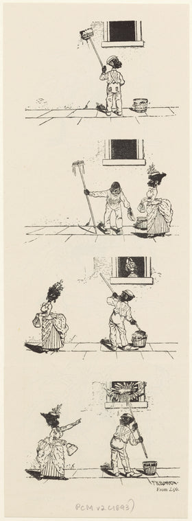Man washing a building distracted by a woman on the street