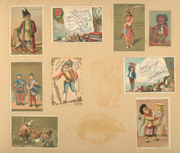 Trade cards depicting men, women, soldiers, rugs, vases, drums, a gun, an American flag skirt, telephone poles and lines, the Herault and Gard departments of France and the goods they produce.