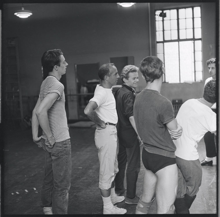 Jerome Robbins and David Winters and others in rehearsal for the stage production West Side Story