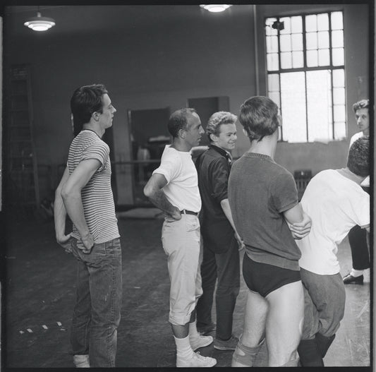 Jerome Robbins and David Winters and others in rehearsal for the stage production West Side Story