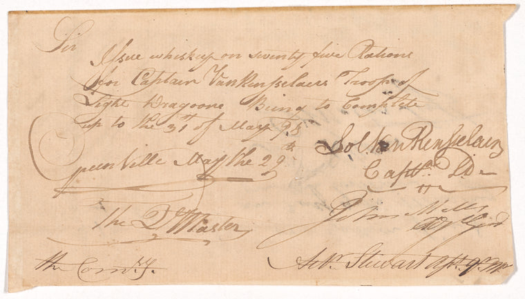 Order for whiskey for Captain Van Rensselaer's Troop of Light Dragoons