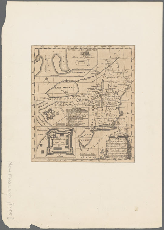 A map of New England & ye country adjacent: extending northward to Quebec, & westward to Niagara, on Lake Ontario ; shewing Gen. Shirley and Gen. Johnson's routs, & many places omitted in other maps
