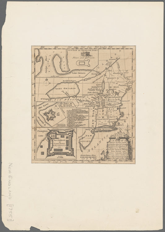 A map of New England & ye country adjacent: extending northward to Quebec, & westward to Niagara, on Lake Ontario ; shewing Gen. Shirley and Gen. Johnson's routs, & many places omitted in other maps