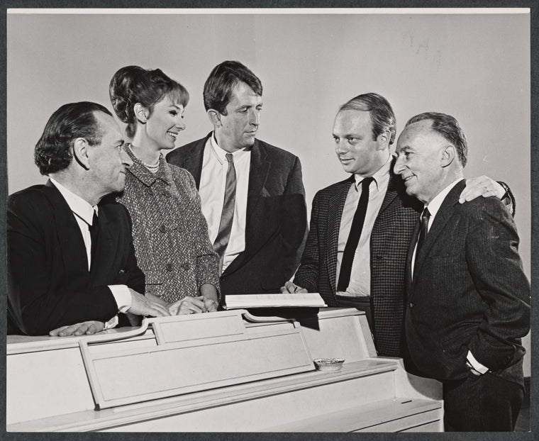 Martin Gabel, Inga Swenson, Fritz Weaver, director Hal Prince, and unidentified man in rehearsal for the stage production Baker Street