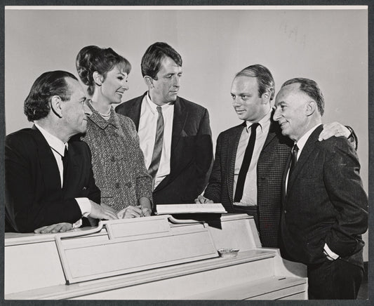 Martin Gabel, Inga Swenson, Fritz Weaver, director Hal Prince, and unidentified man in rehearsal for the stage production Baker Street