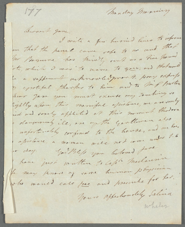 Selina Davenport to Jane Porter, autograph letter signed