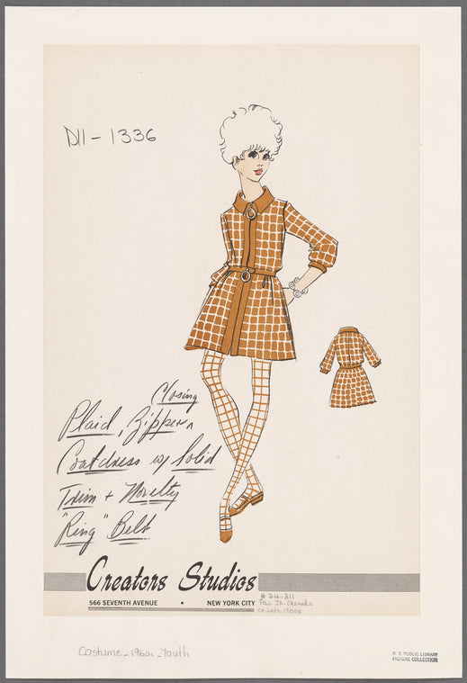 Plaid coatdress: zipper closing with solid trim and novelty "ring" belt