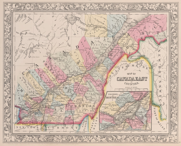 Map of Canada East in counties; Environs of Montreal [inset].