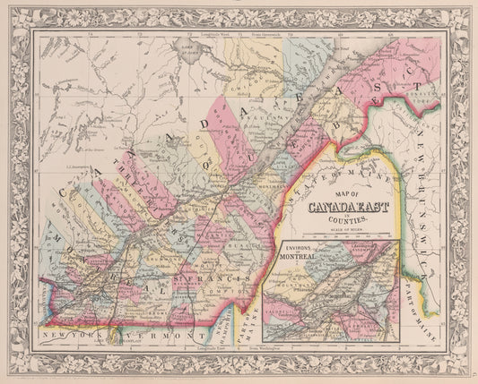Map of Canada East in counties; Environs of Montreal [inset].