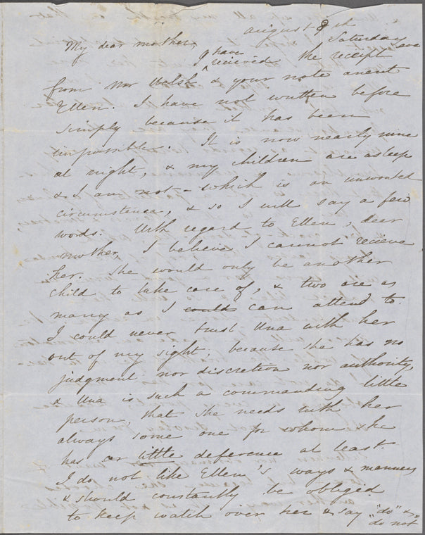 Peabody, Elizabeth [Palmer], mother, AL (incomplete) to. Aug. 8-9, [1846].