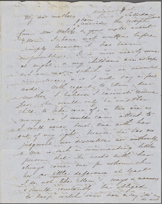 Peabody, Elizabeth [Palmer], mother, AL (incomplete) to. Aug. 8-9, [1846].