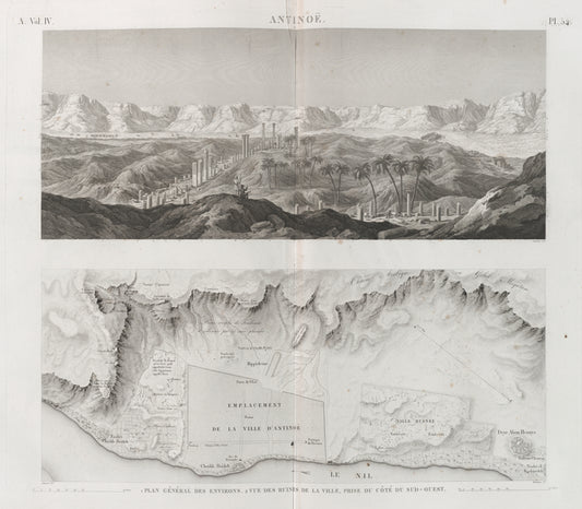 Antinoë [Antinoöpolis]. 1. Plan général des environs; 2. Vue des ruines de la ville, prise du côté du sud-ouest.