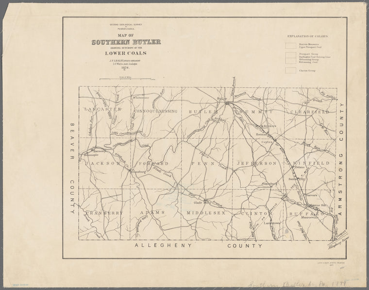 Map of southern Butler County showing outcrops of the lower coals