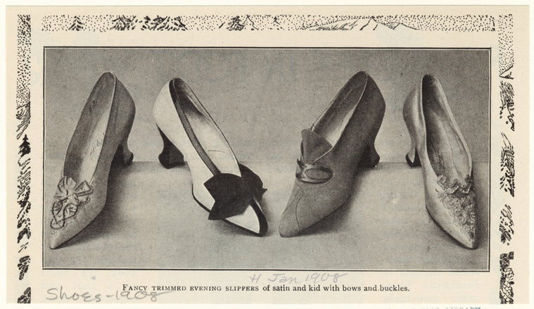 Fancy trimmed evening slippers of satin and kid with bows and buckles