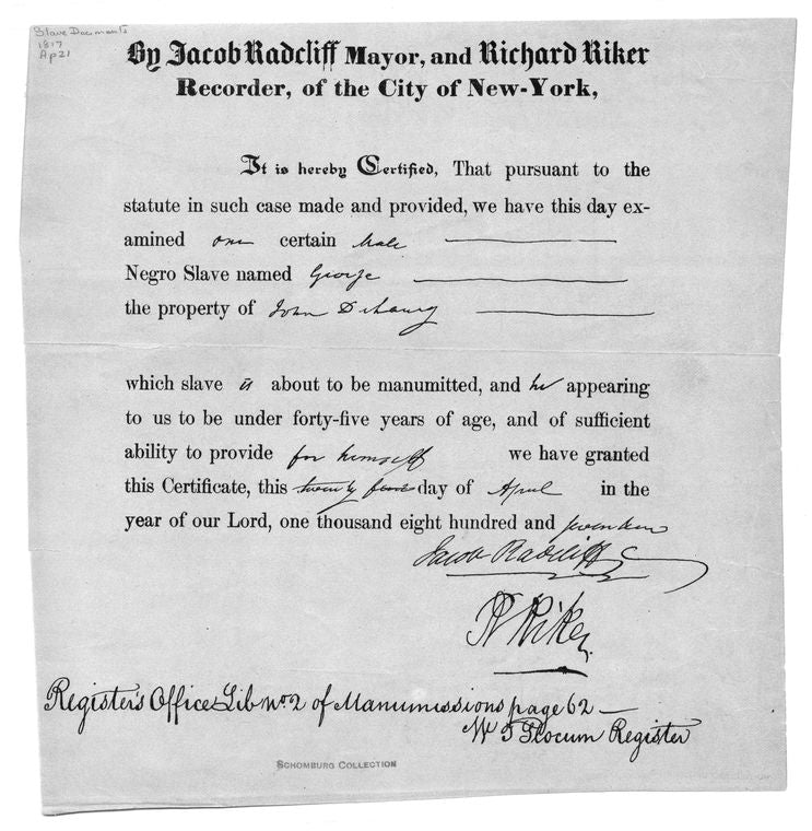 Certificate of Manumission for George, from John Delaney