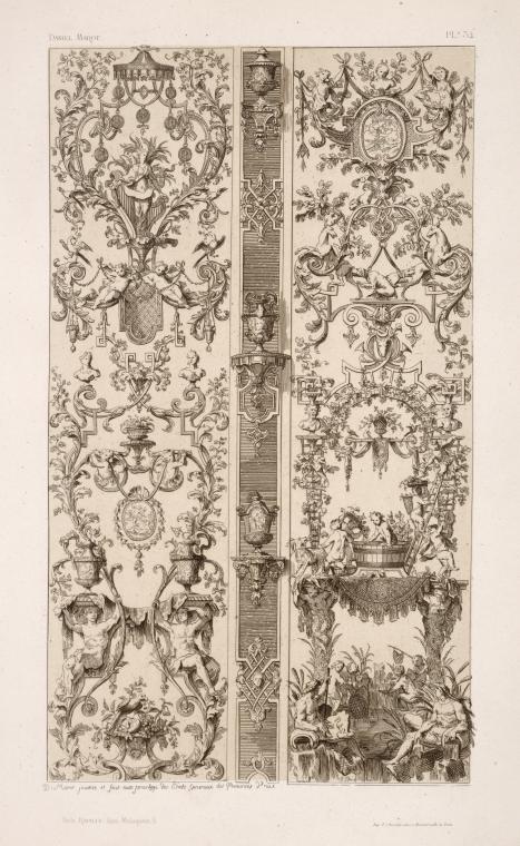 Two vertical designs separated by designs for urns supported by brackets.