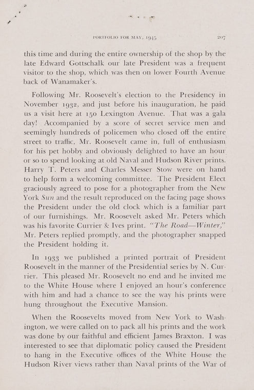 President Roosevelt. Examining a print by Currier & Ives, The road--winter, on his visit to the The Old Print Shop in 1932