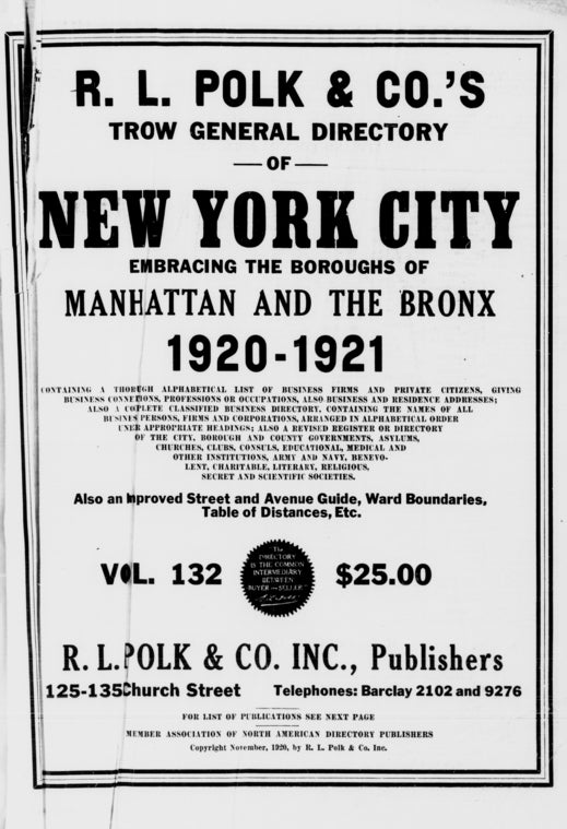 New York City directory: embracing the boroughs of Manhattan and the Bronx, 1920-1921