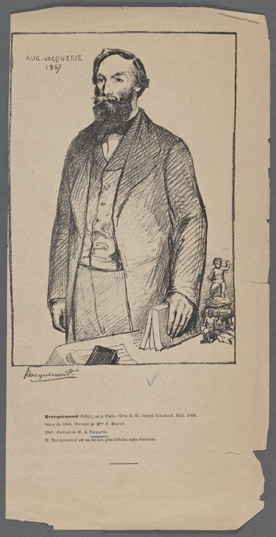 Bracquemond (Félix), né à Paris, élève de M. Joseph Guichard. Méd. 1866. Salon de 1866, Portrait de Mme. P. Meurice. 1867. Portrait de M.A. Vacquerie. M. Bracquemond est un de nos plus habiles aqua-fortistes